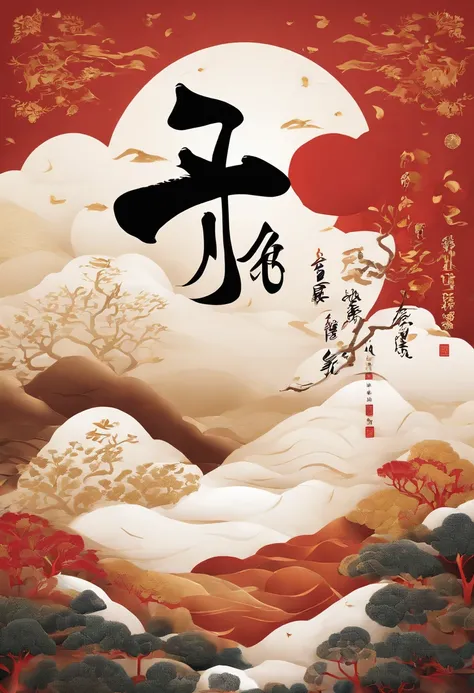 (((A pair of medieval calligraphy characters)))，Fu Zi:1.3，The base color is red，Font gold，The four-block diagram is surrounded by auspicious colored clouds，Calligraphy characters hang on the wall，Product graphics，Macro，Master masterpieces，Sony SLR lens，Hig...