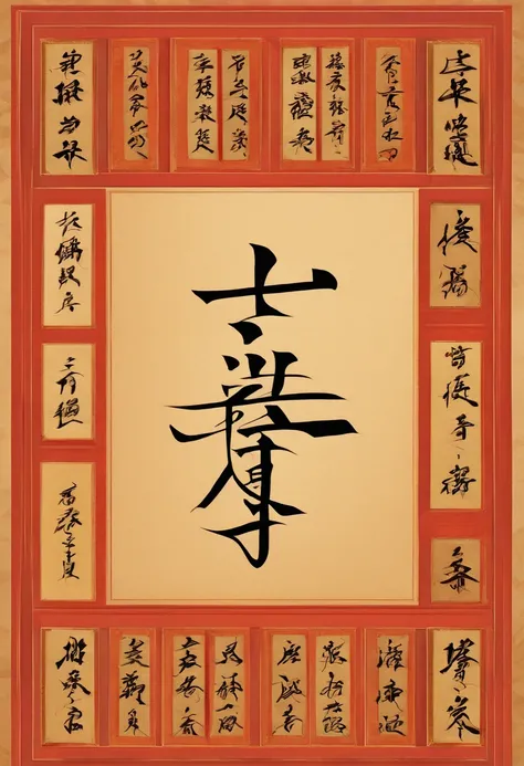 (((A pair of medieval calligraphy characters)))，Fu Zi:1.3，The base color is red，Font gold，The four-block diagram is surrounded by auspicious colored clouds，Calligraphy characters hang on the wall，Product graphics，Macro，Master masterpieces，Sony SLR lens，Hig...