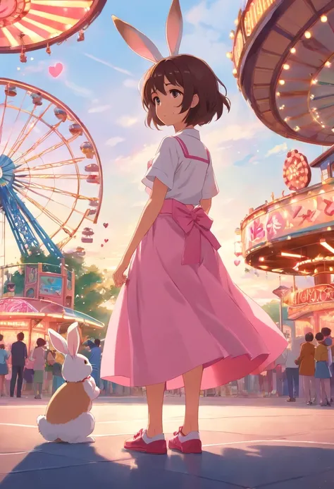 Little girl in a long skirt with a little rabbit hairpin compared to one hand，Holding a little rabbit dressed in pink and wearing a fanbow hairpin at a large amusement park, heart