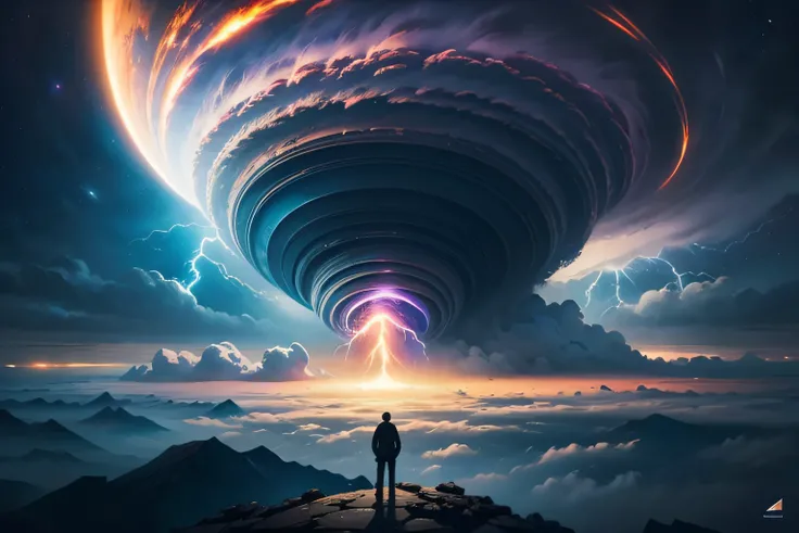 a man standing on a hill looking at a distant landscape, digital art inspired by Cyril Rolando, trending on Artstation, space art, beeple and tim hildebrandt, artgem and beeple masterpiece, beeple and jeremiah ketner, realism | beeple, beeple and jean gira...