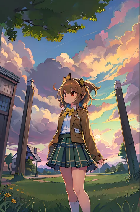 Sally Acorn, 1girl in, Solo, tree, skyporn, Outdoors, Skirt, cloud, brown, hair, Sunset, lens, f lare, Scenery, School, uniform, Sun, Wind, long, sleeves, animal snout