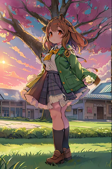 Sally Acorn, 1girl in, Solo, tree, skyporn, Outdoors, Skirt, cloud, brown, hair, Sunset, lens, f lare, Scenery, School, uniform, Sun, Wind, long, sleeves, animal snout