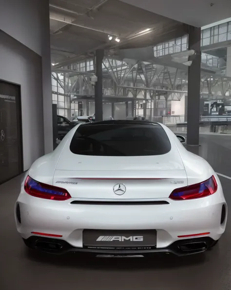 The new Mercedes-AMG white sports car is parked in front of the showroom, The rear of the new Mercedes-Benz AMG，sports car in the room, Mercedes Benz, mercedez benz, Exhibited, Mercedes concept car, Beautiful masterpiece, A detailed masterpiece, Masterpiec...