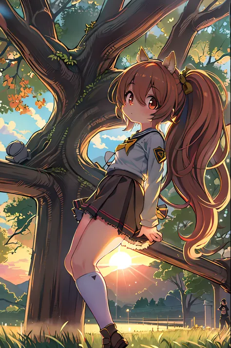 Sally Acorn, 1girl in, Solo, tree, skyporn, Outdoors, Skirt, cloud, brown, hair, Sunset, lens, f lare, Scenery, School, uniform, Sun, Wind, long, sleeves, animal snout