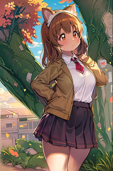 Sally Acorn, 1girl in, Solo, tree, skyporn, Outdoors, Skirt, cloud, brown, hair, Sunset, lens, f lare, Scenery, School, uniform, Sun, Wind, long, sleeves, 、bbw