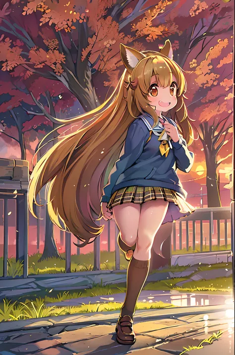 Sally Acorn, 1girl in, Solo, tree, skyporn, Outdoors, Skirt, cloud, brown, hair, Sunset, lens, f lare, Scenery, School, uniform, Sun, Wind, long, sleeves, 、bbw