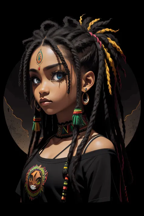 t-shirt art, 2D, ((black background :1, 5)), vector, vivid colors, chibi rasta outfit character, masterpiece, best quality, intricate details, perfect symmetrical face, realistic details, gothic theme, rim light, moonlight, cinematic shading, Greg Rutkowis...