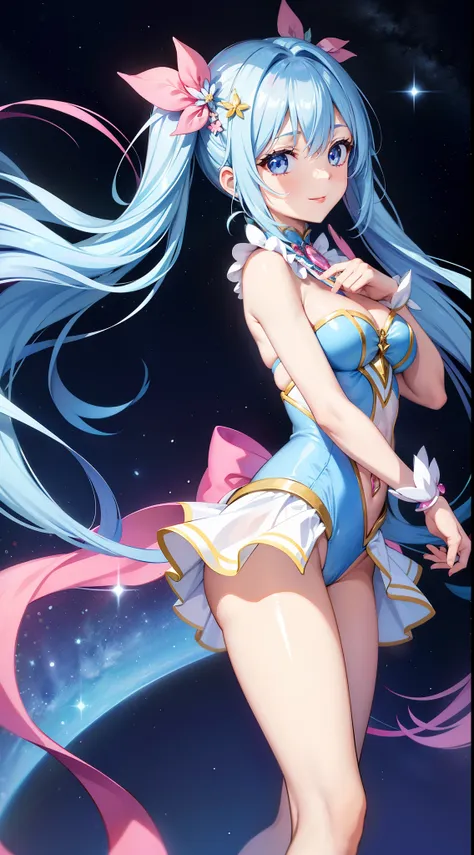 Super Idol　a beauty girl　Outstanding smile　sky blue hair　length hair　Facing straight ahead　Looking at the camera　Twin-tailed　Glittering pink and white、Blue and yellow leotard costume　Mystical　Fantasia　constellation　a moon　Crystal Brilliance　Aurora Borealis...