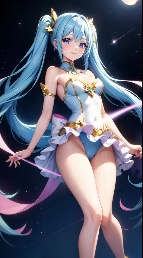 Super Idol　a beauty girl　Outstanding smile　sky blue hair　length hair　Facing straight ahead　Looking at the camera　Twin-tailed　Glittering pink and white、Blue and yellow leotard costume　Mystical　Fantasia　constellation　a moon　Crystal Brilliance　Aurora Borealis...