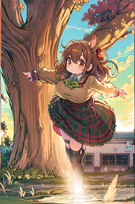 Sally Acorn, 1girl in, Solo, tree, skyporn, Outdoors, Skirt, cloud, brown, hair, Sunset, lens, f lare, Scenery, School, uniform, Sun, Wind, long, sleeves, 、bbw、huge-breasted