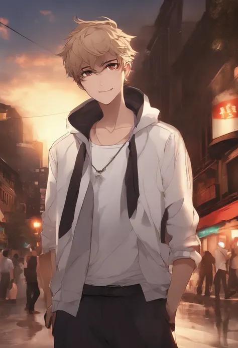 A boy, transformed into an anime style, with exaggerated unique facial features and clothing, standing on a bustling city street, backlit background highlighting the subject, high-contrast colors, 4K high-definition quality，young, smiling, handsome