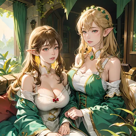 Women in Their 20s, 2 females:2.0、offcial art, unity 8k wall paper, ultra-detailliert, beautifly、Aesthetic, ​masterpiece, top-quality, Photorealsitic, Female Elf、Dark green eyes、blondehair、Braids:2.0、Pointed ears、Dark green costume、Light green blouse、Gold ...