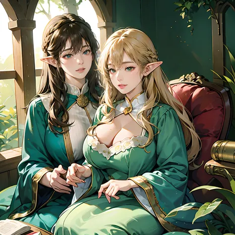 Women in Their 20s, 2 females:2.0、offcial art, unity 8k wall paper, ultra-detailliert, beautifly、Aesthetic, ​masterpiece, top-quality, Photorealsitic, Female Elf、Dark green eyes、blondehair、Braids:2.0、Pointed ears、Dark green costume、Light green blouse、Gold ...