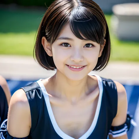 (best quality, masterpiece:1.2, ultra-high resolution, photorealistic:1.4), explicit genital details), 1girl, 12 years old, Japans top idol, beautifully detailed face, stunning big black eyes, flawless body, beautiful chest, innocent smile, black short cut...