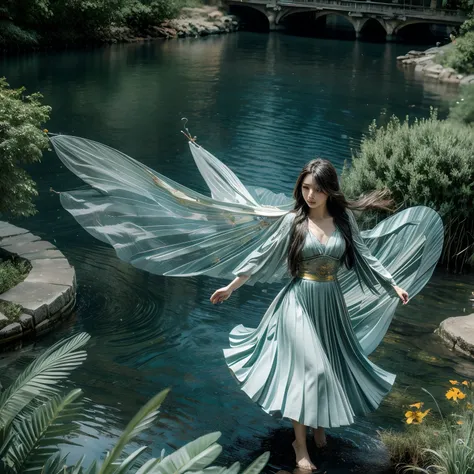 aethereal，Phoenix Wonderland，precipice, Flowing water, Rainbow Butterfly Maiden，In exuberant spirits，Graceful, Long flowing hair, Long skirt on the ground Delicate face