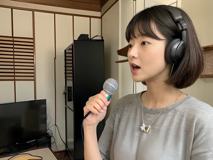 Japan woman doing voice training at home