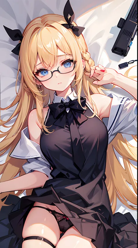 4K 18 year old blonde girl, sky blue eyes, I braid left and right....  ,Tie two black bows....  Wear Only sexy panties  .. wearing glasses. . with a sleeping face.