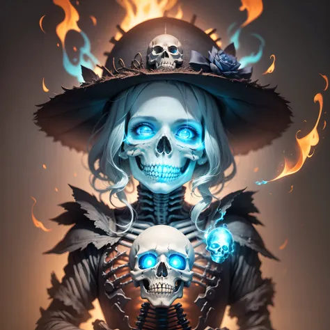 skelleton, (The eye sockets are glowing with light)，Skull of blue ghost fire。