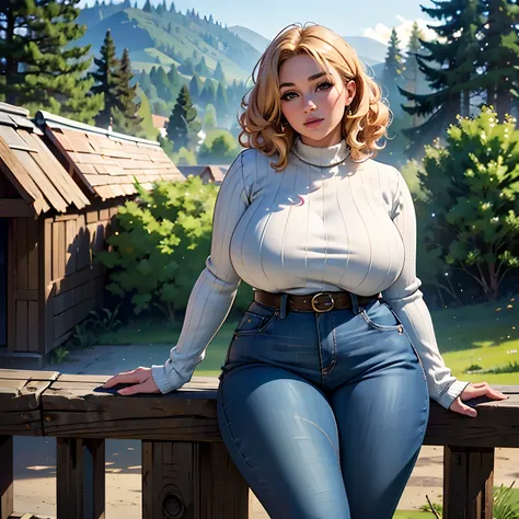 modelshoot style, (high resolution digital photo), SFW, full shot body photo of the most beautiful artwork in the world, single woman, plump, curvy, short, thicc, blonde hair, curly hair, jewish, brown eyes, sweater, jeans rural america background, best qu...