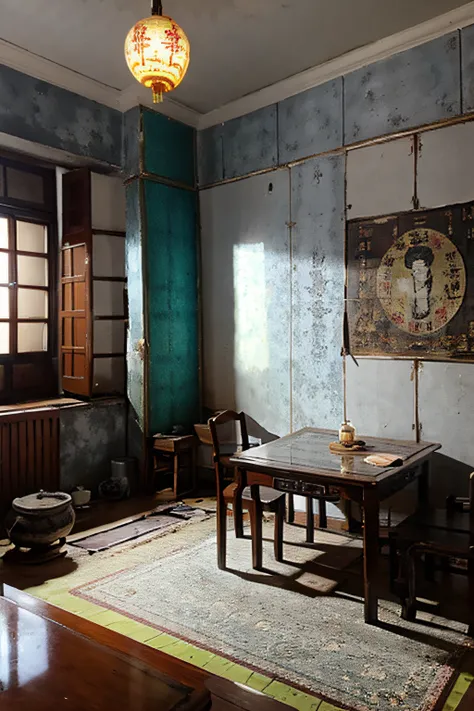 decrepit，Chinese style room，mottled，Old，Gray walls，god statue，waxy candles，nigth，terroral，Draw a shabby Chinese room，The front of the picture is a wall，In front of the wall is placed the offering table，There is a portrait of Guanyin hanging on the wall，The...