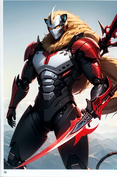 master-piece、Robot man mixed with lion,top-quality(Only one..)、Cutting edge、Black and red body..、Red Eyes、slender body、humanoide、Model Details、daylight、Holding 2 swords