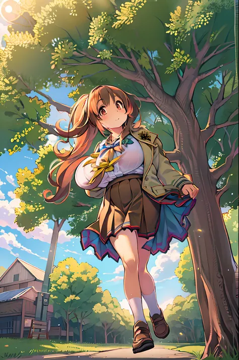 Sally Acorn, 1girl in, Solo, tree, skyporn, Outdoors, Skirt, cloud, brown, hair, Sunset, lens, f lare, Scenery, School, uniform, Sun, Wind, long, sleeves, 、bbw、huge-breasted