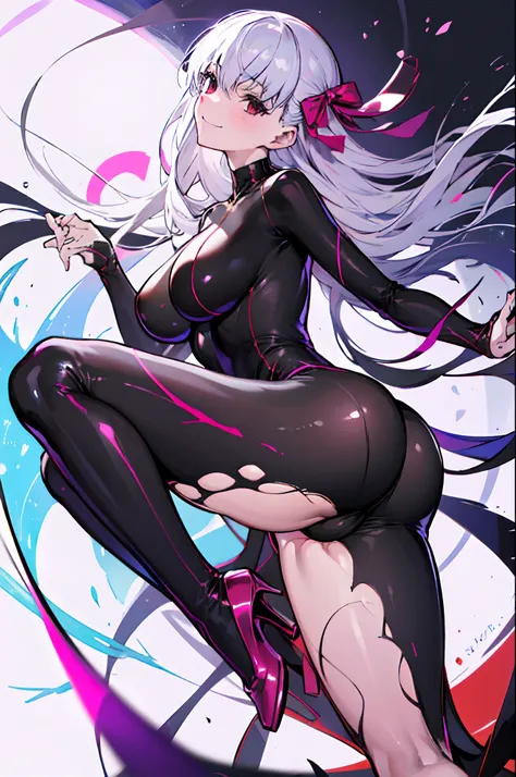 Carefully draw the face　High-quality faces in anime style　Glossy black leotard　Black High Heels　Red lines all over the body　a blond　huge tit　Big ass　Whip thighs　seductiv　a smile　succubus　Prone