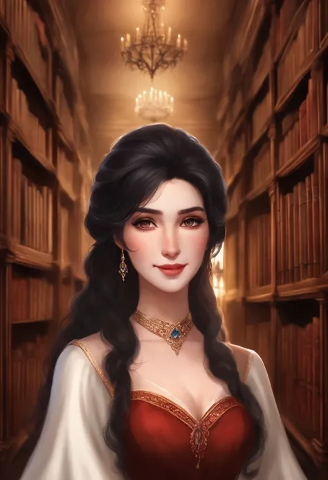 High quality, masterpiece, older White women, ((Black hair)), hair covering one eye, realistic, cartoon style, anime, ((cozy castle library)), slim face, old Fashion dress, dark faded red dress, soft dress, burn scars, scars, wrinkled, warm smile