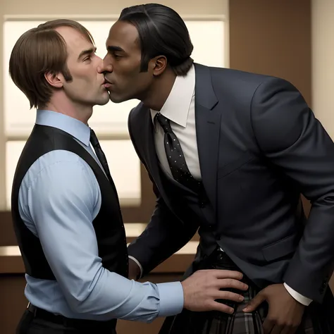 Saul Goodman is wearing cat ears and a skirt, and kissing a tall handsome black man. There are no women around the two men, just Saul and this other black man kissing each other.