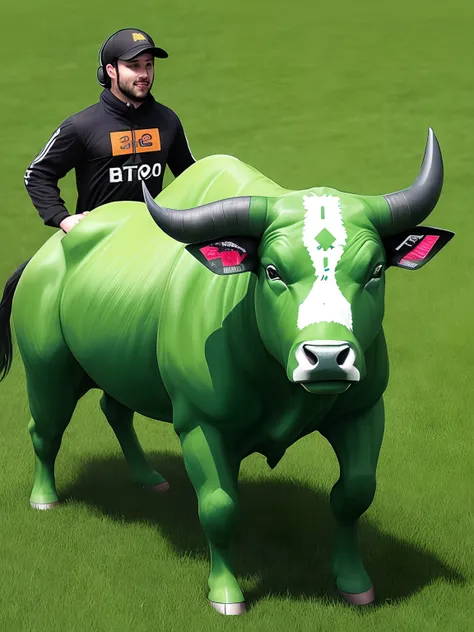 Create a Bull in a green color running with Bitcoin on his hands