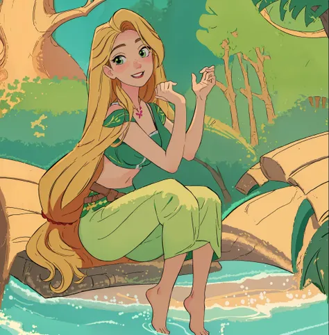 (masterpiece, best quality, high resolution:1.4), rapunzel, green eyes, (straight hair:1.3), looking at viewer, green island out...