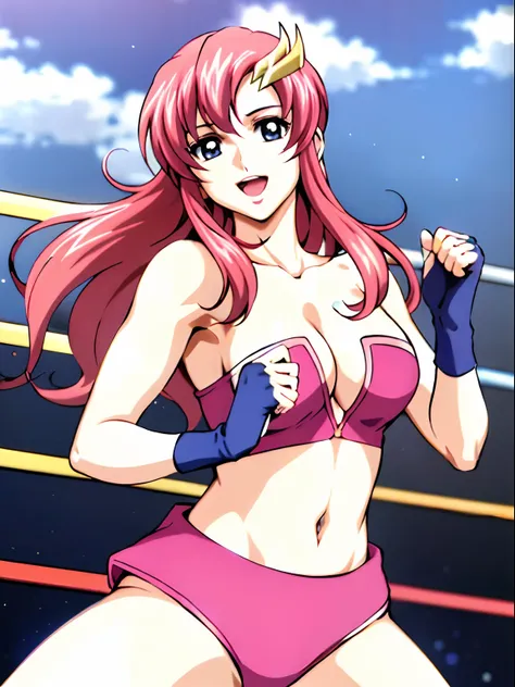 (((pink strapless wrestling outfit, gloves , slender body, long stomach, nice thighs, happy, gentle))), (masterpiece, standing , 4K, Best Quality, Anime style,, Adult Woman, ultra detailed face, (cloud background, wrestling), Drawing lines, high resolution...