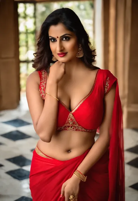 Savita bhabhi, curvy body, deep navel, red sari, perfect breasts, showing cleavage