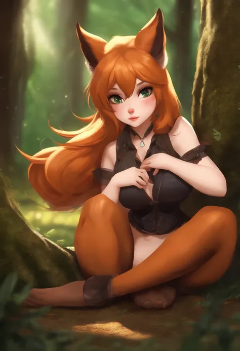 Big breasted fox girl crouching on the ground in a forest.