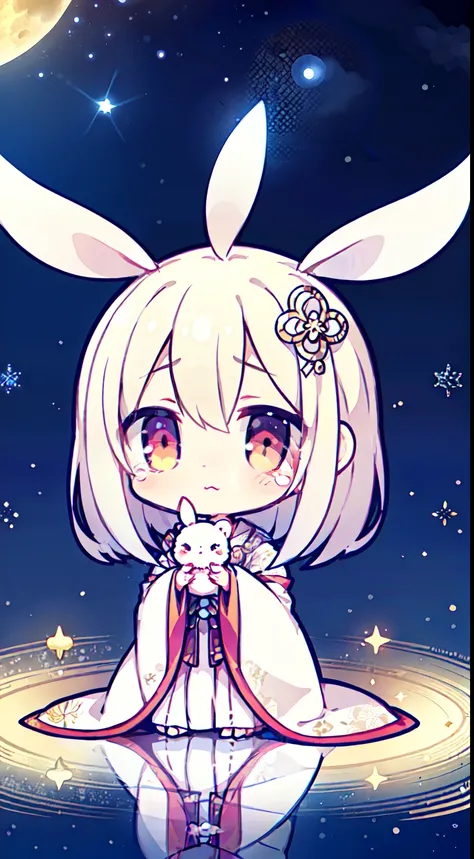 Full Moon Night，under the starry sky，Beautiful oriental mature woman，Wearing ancient Chinese white clothes with fairy air，eyes full of tears，Reflecting on melancholy，Holding a cute white rabbit、Chibi Chara