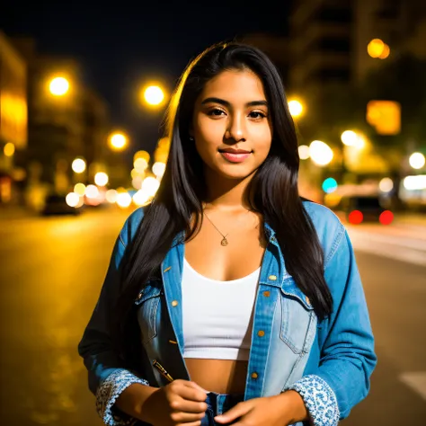 RAW photo, a portrait photo of 20 y.o Columbian woman in casual clothes, nigth, city street, (high detailed skin:1.2), 8k uhd, dslr, soft lighting, high quality, film grain, Fujifilm XT3