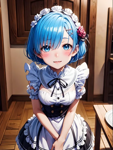 An ultra-high picture quality、(​masterpiece)、[3D images:1.5],Attractive eyes、anime moe art style、White Maid Clothes、The smile is very cute、[[A detailed eye、Colorful eyes、radiant eyes:1.15]]、blue hairs、Remu,best anime 4k konachan wallpaper, anime style 4 k,...