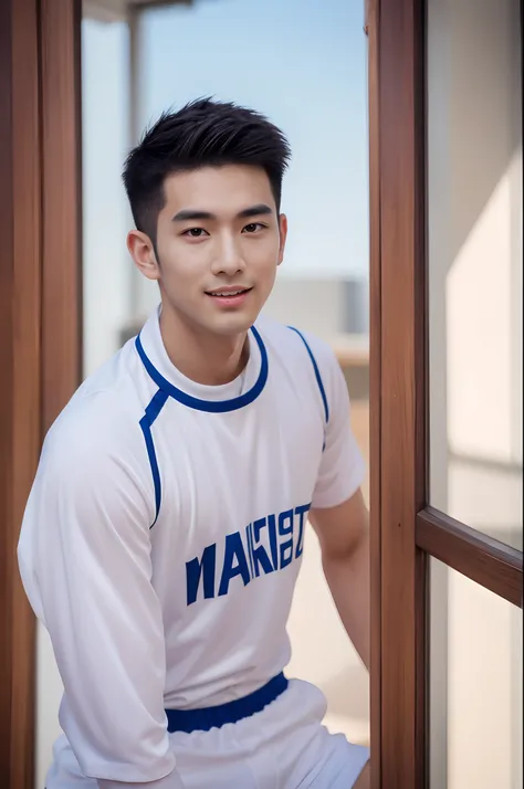 arafed boy in a hip white basketball uniforms, Full Body Shoot, Quiff haircut, look at camera, detailed facial parts, Manly, Charmer, Active Boy, Freestyle Pose, Happy Expression, Sex Manaice, perfect anatomy, symmetric body, asian boy 19 years old, high d...