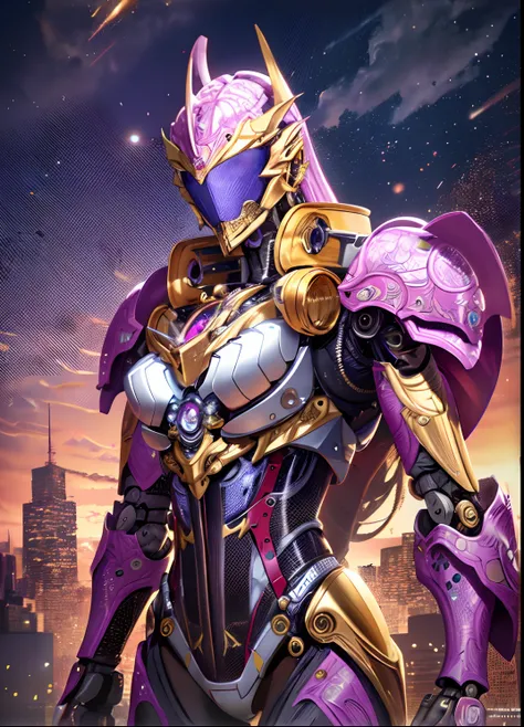 Close-up of a woman dressed in purple and gold, girl in mecha cyber armor, Portrait Chevaliers du Zodiaque Fille, knights of zodiac girl, Mechanized Valkyrie girl, Purple armor, slick pink armor, cyborg goddess in cosmos, anfas portrait of a mech warrior, ...