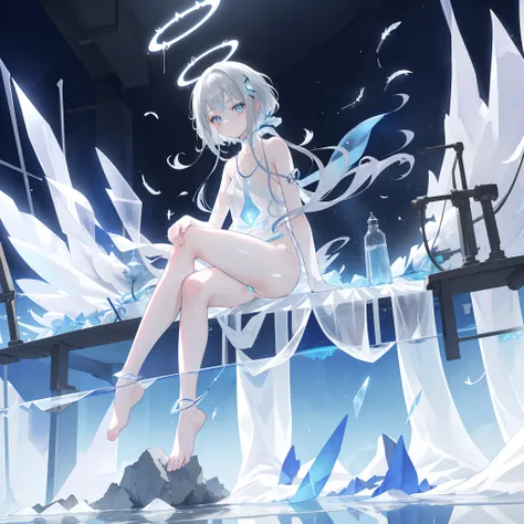 An anime teen girl, ((sitting on ice)), (mostly naked), barefoot, cinematic light, skin is perfectly white, soft, and smooth, ((no nsfw)), Extremely delicate and beautiful CG illustration, small thigh, slim body, best quality, high resolution, dynamic angl...