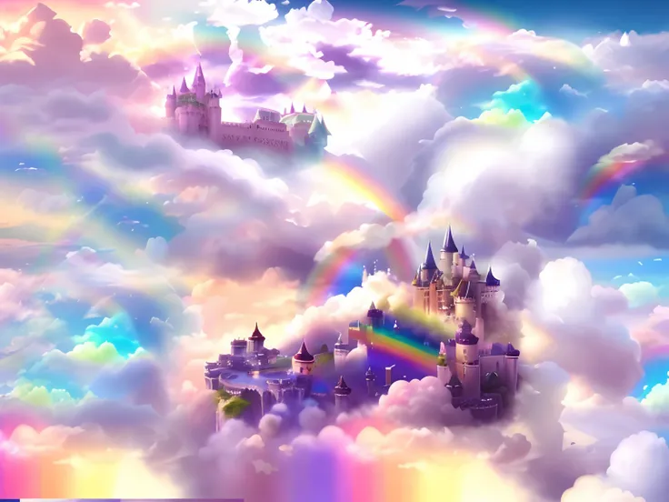 There is a castle in the clouds，There are rainbows in the sky, flying cloud castle, castle made of clouds, castle in the clouds, fairy tale style background, lie on white clouds fairyland, Rainbow clouds, palace floating in the sky, ethereal rainbow nimbus...