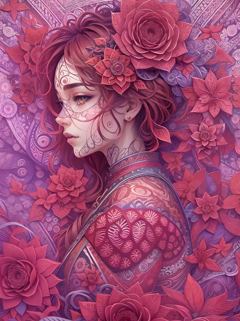 official art, unity 8k wallpaper, ultra detailed, beautiful and aesthetic, masterpiece, best quality, (zentangle, mandala, tangle, entangle), (fractal art:1.3) , 1girl, red flowers, extremely detailed, dynamic angle, cowboyshot, the most beautiful form of ...