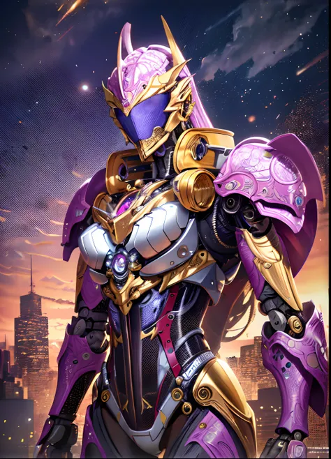 Close-up of a woman dressed in purple and gold, girl in mecha cyber armor, Portrait Chevaliers du Zodiaque Fille, knights of zodiac girl, Mechanized Valkyrie girl, Purple armor, slick pink armor, cyborg goddess in cosmos, anfas portrait of a mech warrior, ...