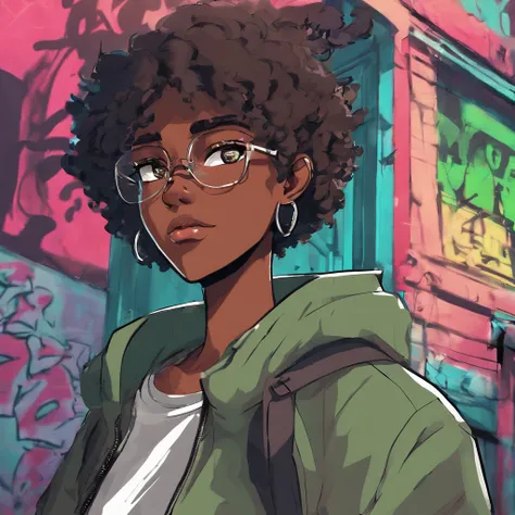 Dark-skinned teenage girl wearing medium-rimmed glasses, usava um descompactado, jaqueta verde brilhante com uma aba de bolso fechada em cada lado. Camisa preta de grife, e um colar de cruz. Gatilho Estilo de Arte de Anime, [[[[smiling smugly]]]], retrato ...