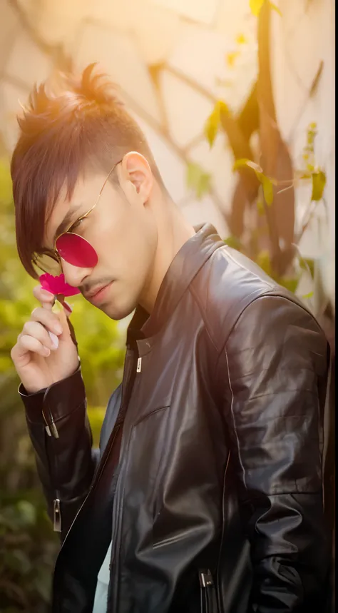 araffe man in a leather jacket and sunglasses holding a pink flower, with sunglass, modeling photography, profile pic, portait photo profile picture, mohamed chahin style, stylish pose, high quality portrait, with sunglasses, * colour splash *, casual phot...