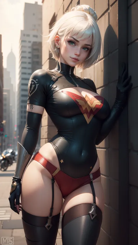 gwen tennyson,yshtola rhul,yorha 2b, tracer,nier automata,overwatch,close up,mecha pilot,city view,tattoos,blue and red plugsuit,red short sleeve lycra top,blue lycra micro shorts,steel garter belt,uncovered belly,short hair, cute makeup,green eyes,dimensi...