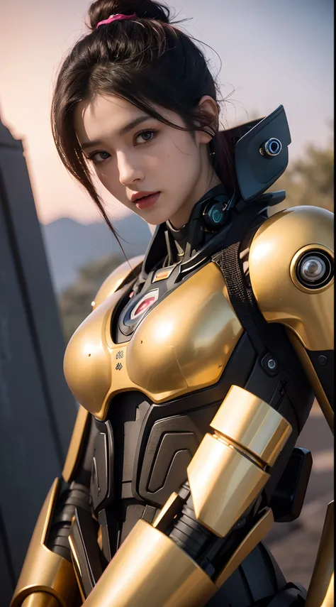 Close-up of robot in pink and gold costume, colorful vivid octane render, cybernetic and highly detailed, loba andrade from apex legends, created in unreal engine 5, made in unreal engine 5, trending on unreal engine 5, anfas portrait of a mech warrior, fa...