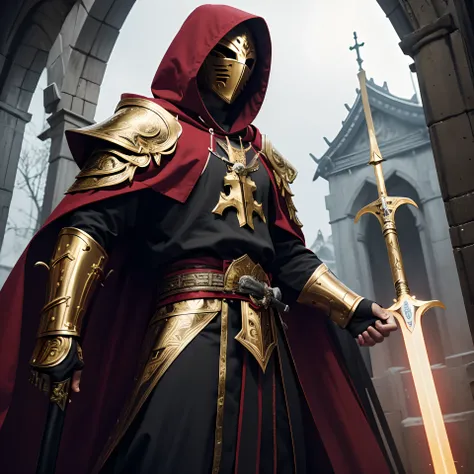 full body low angle shot of an intimidating male holy warrior with cloak with hood in gold red and white clothes using a two handed great sword, man, ritualistic mask, long coat, black eyes, low angle, highly detailed, masked