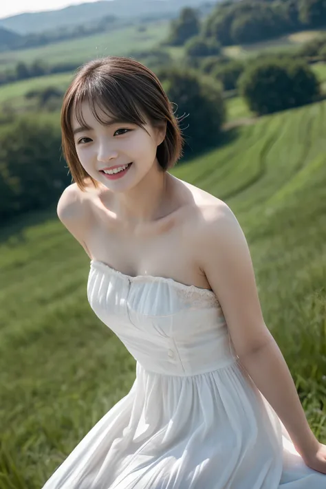 ​masterpiece、4K、top-quality、beautiful Korean women、detail portrayal、1 girl in、23years old、(white dres:1.2)、bob cuts、countryside、depth of fields、cowboy  shot、(Angle from top:1.2)、ssmile