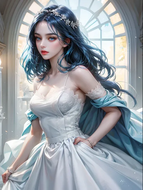 a women, blue hair, blue eyes, white dress